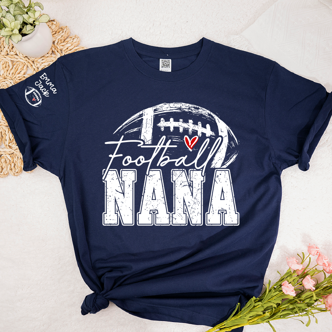 Personalized Nana Football Shirt with Heart, Custom Football Tee Kids Names And Grandma