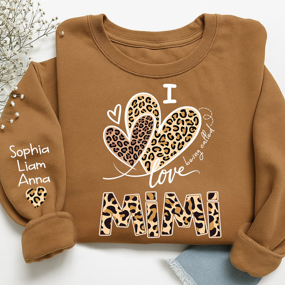 I Love Mimi Sweatshirt with Leopard Heart Design, Personalized Family Crewneck for Valentine