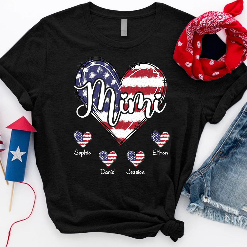 Custom Mimi Shirt with Grandkids Names American Flag Heart Design Personalized Family Name Tee