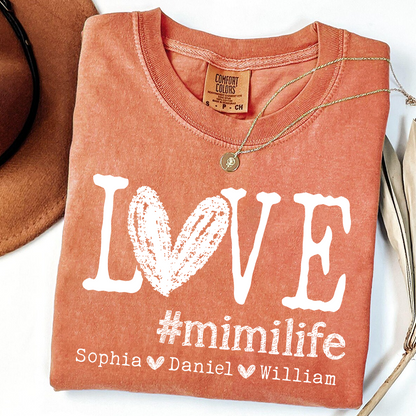 Comfort Colors LOVE mimilife Shirt, Custom Grandmother T Shirt with Kids' Names, Personalized Mimi Shirt, Perfect for Mother's Day, Birthday