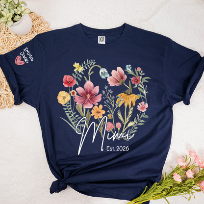 Mimi Est T-Shirt Personalized with Grandkids Names, Wildflower Floral Family Tee