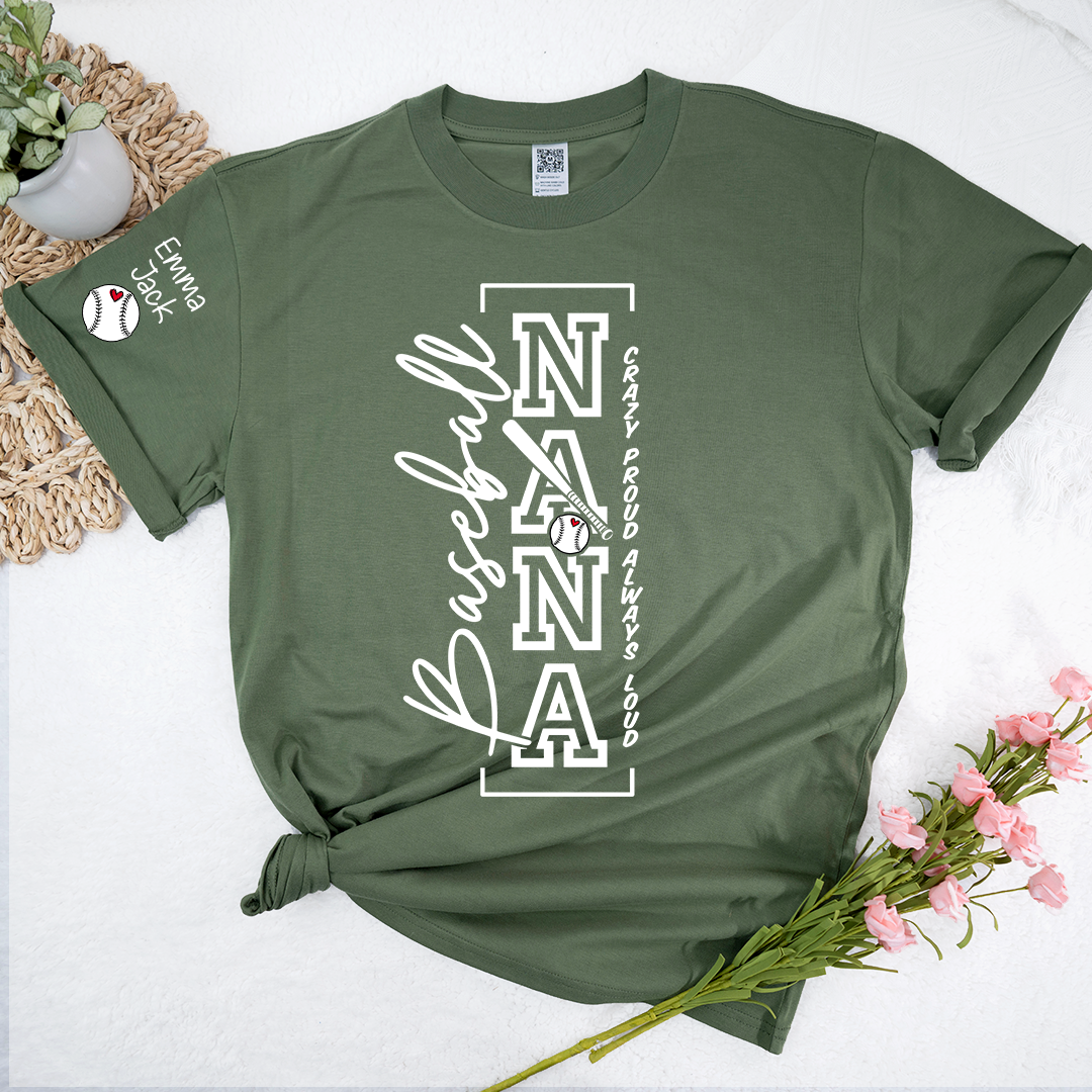 Baseball Nana T-Shirt, Custom Family Name Shirt with Modern Vertical Graphic
