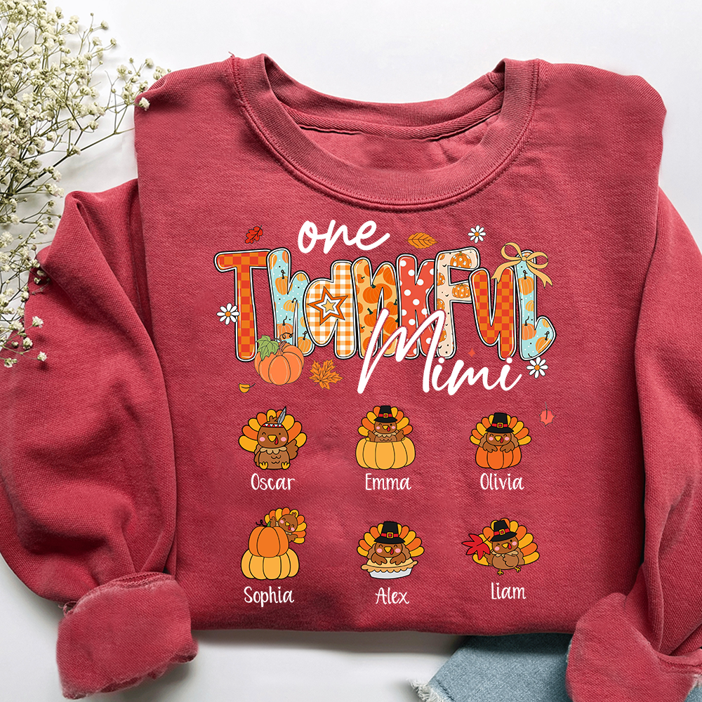 Personalized One Thankful Mimi Turkey Sweatshirt, Gift for Grandma and Kids