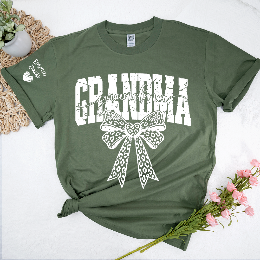 Personalized Grandma T-Shirt with Leopard Print Bow and Custom Grandkids Names