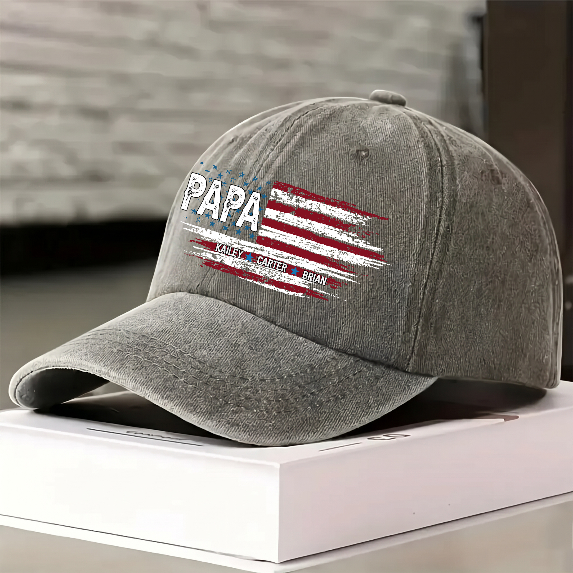 Father Day Shirt, Papa Ands Grandkids Flag American Personalized Custom Vintage Washed Denim Cap