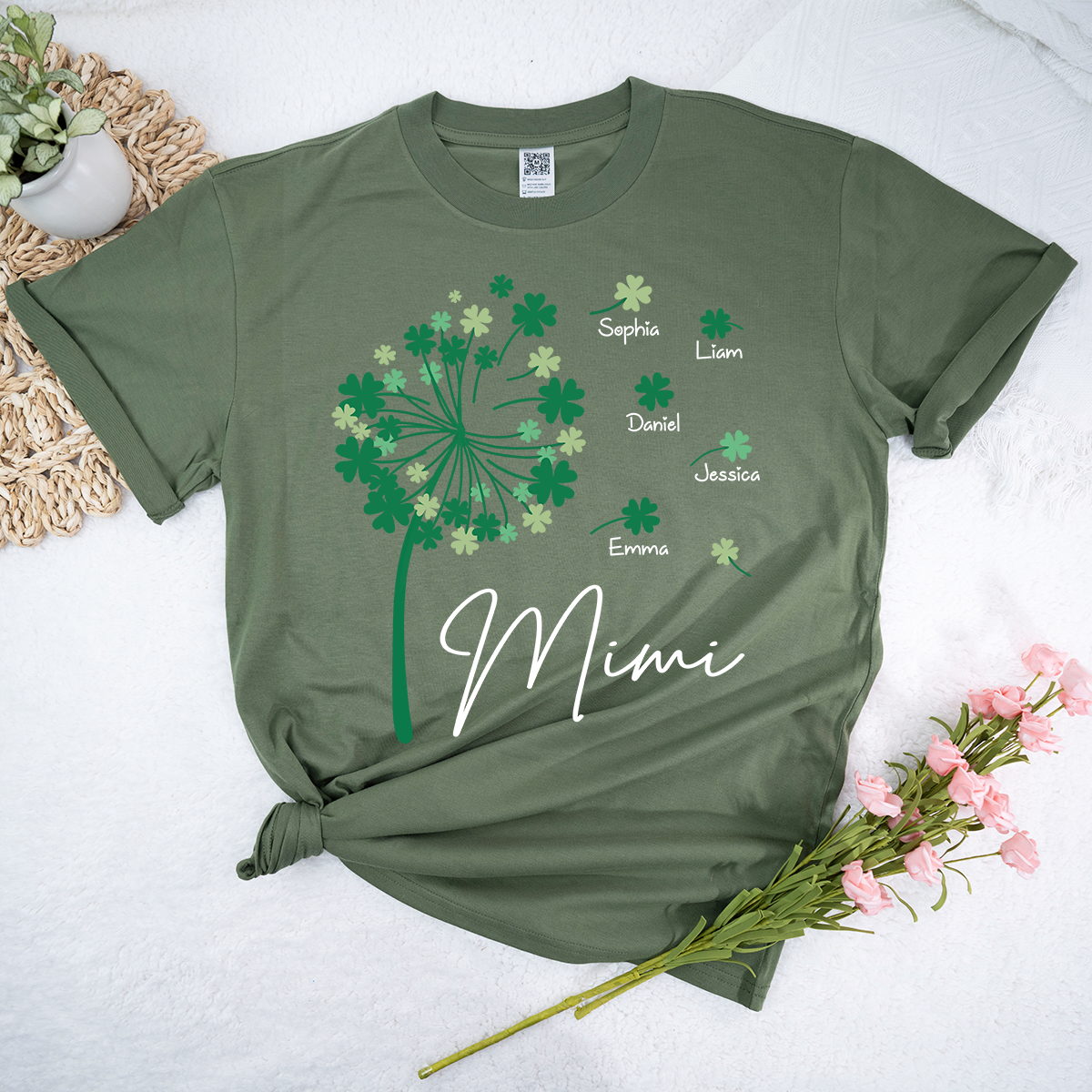 Personalized Mimi Shirt with Kids Names, Shamrock Dandelion Design, St Patricks Day Family Shirt for Grandma, Custom Lucky Mimi T Shirt