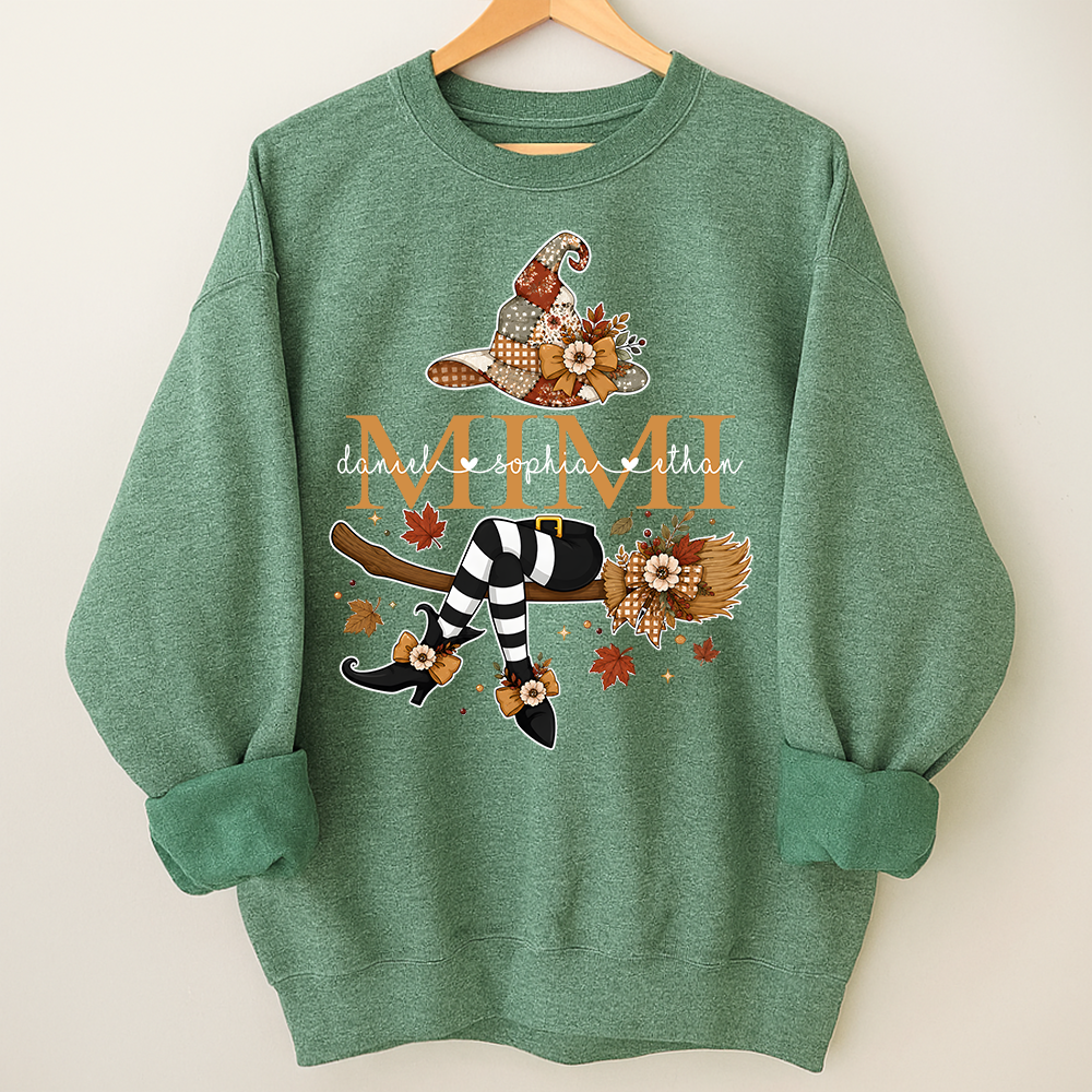 Personalized Halloween Mimi Sweatshirt, Witch Hat Pumpkin Floral Sweatshirt, Custom Kids Names Grandma Fall Outfit