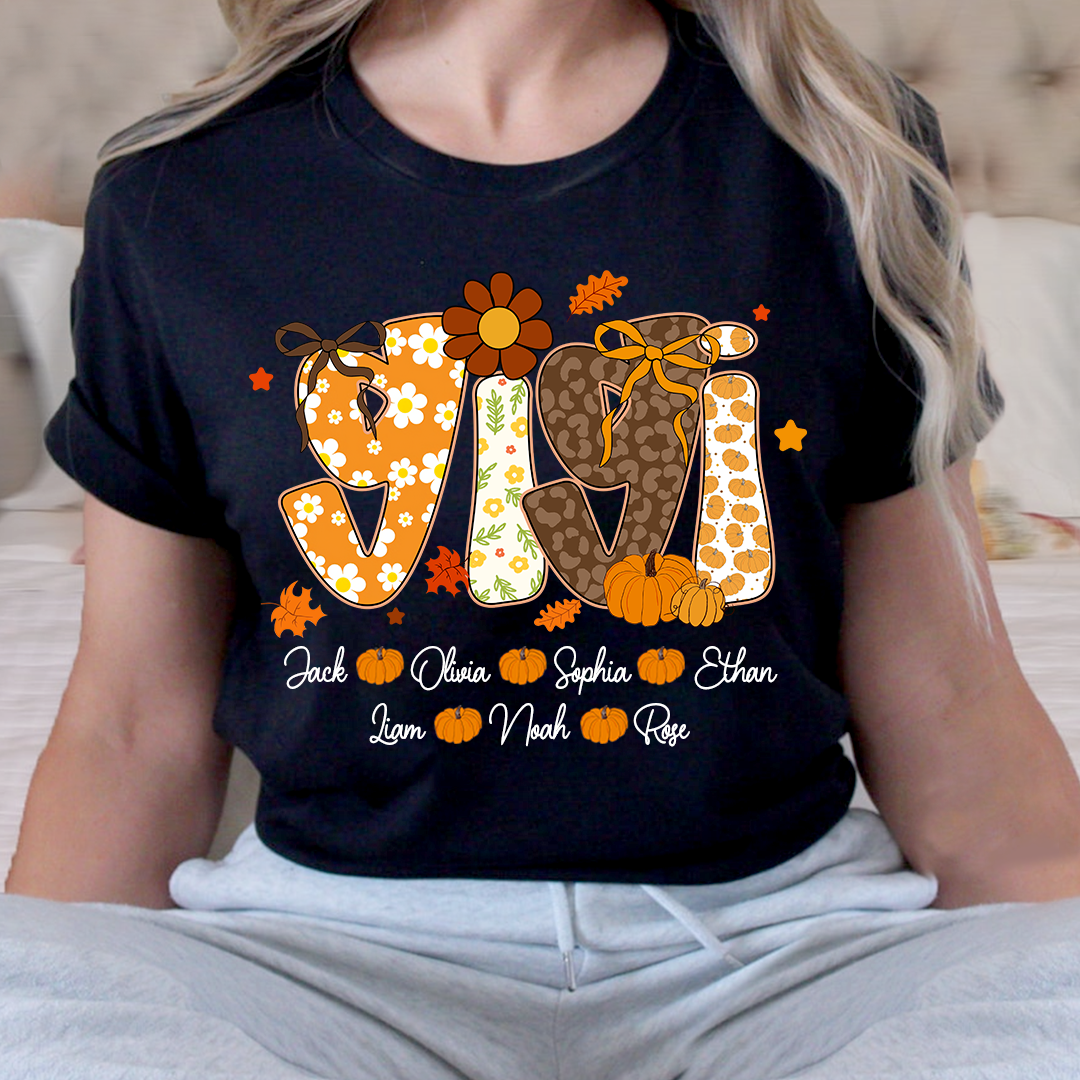 Personalized Pumkin Grandma TShirt, Custom Gigi Nickname with Kids’ Names
