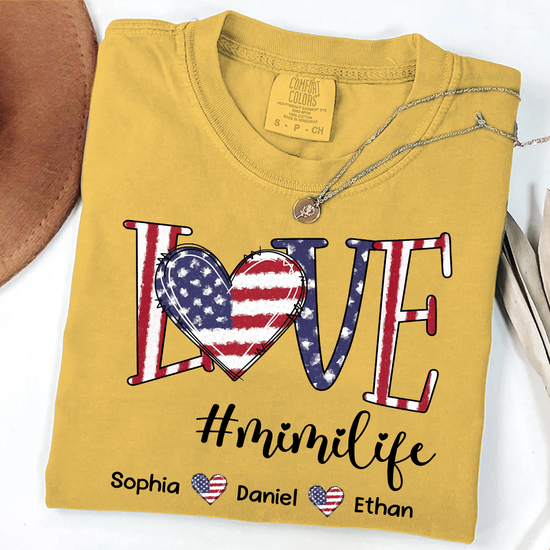 Comfort Colors Custom Mimi T Shirt with Grandkids Names USA Flag Love Graphic Mimi Life Shirt Personalized Grandma Apparel Family Gift