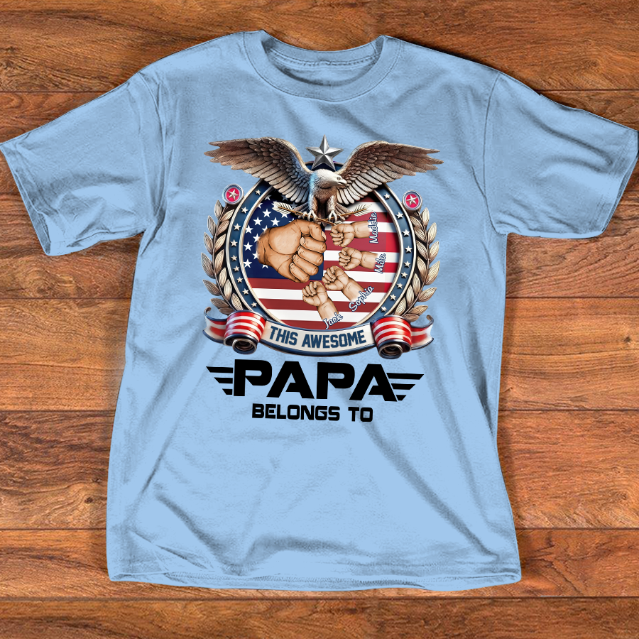 Personalized Papa Shirt This Awesome Papa Belongs To, Custom Kids Names Patriotic Eagle T-Shirt