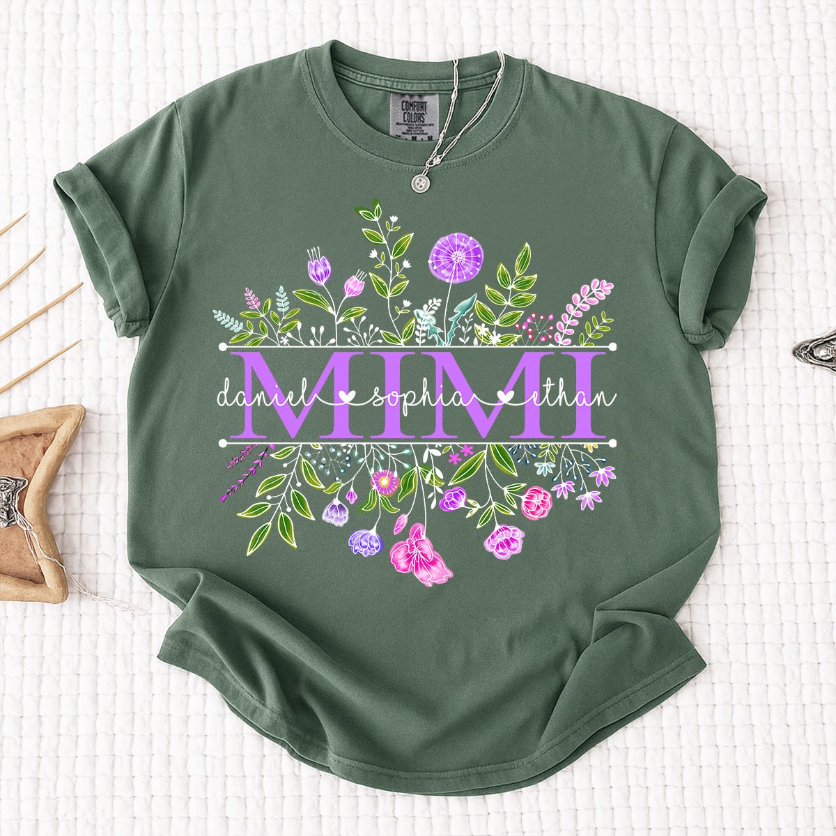 Comfort Colors Custom Mimi Shirt, Floral Graphic with Personalized Grandkids Names, Perfect Gift for Grandma