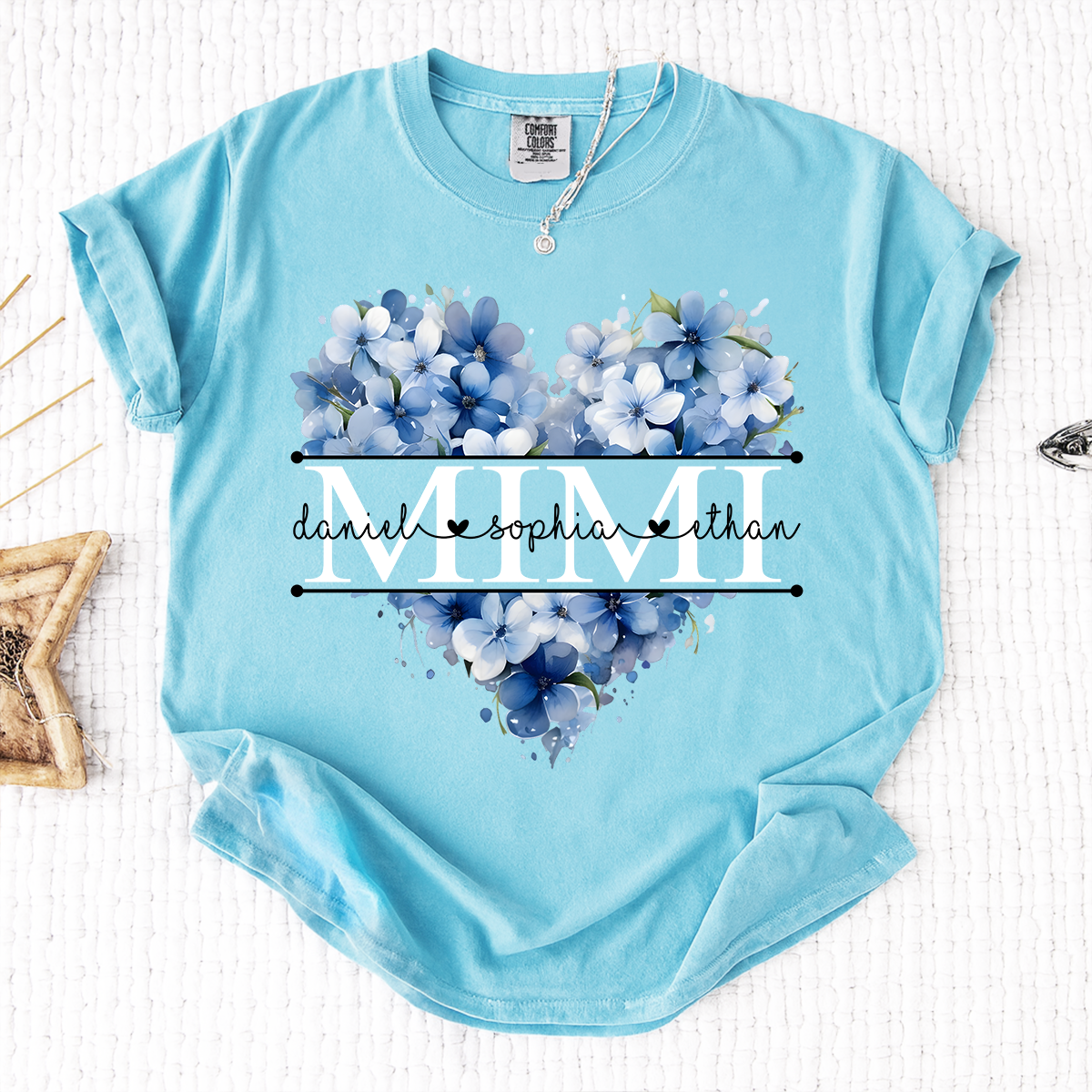 Comfort Colors Personalized Mimi Shirt with Blue Floral Heart Design, Custom Grandma Gift with Grandkids Name