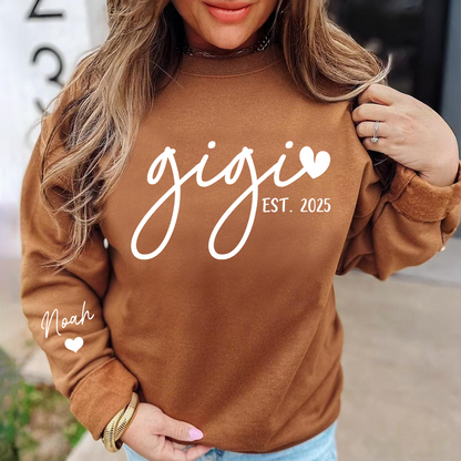 Personalized Gigi Sweatshirt, Custom Printed Name and Grandkids’ Names on Sleeve with Heart