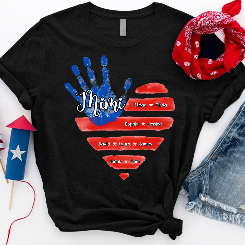Custom Mimi Shirt, American Flag Handprint with Family Names, Personalized Gift for Mimi, Patriotic Grandkids Shirt