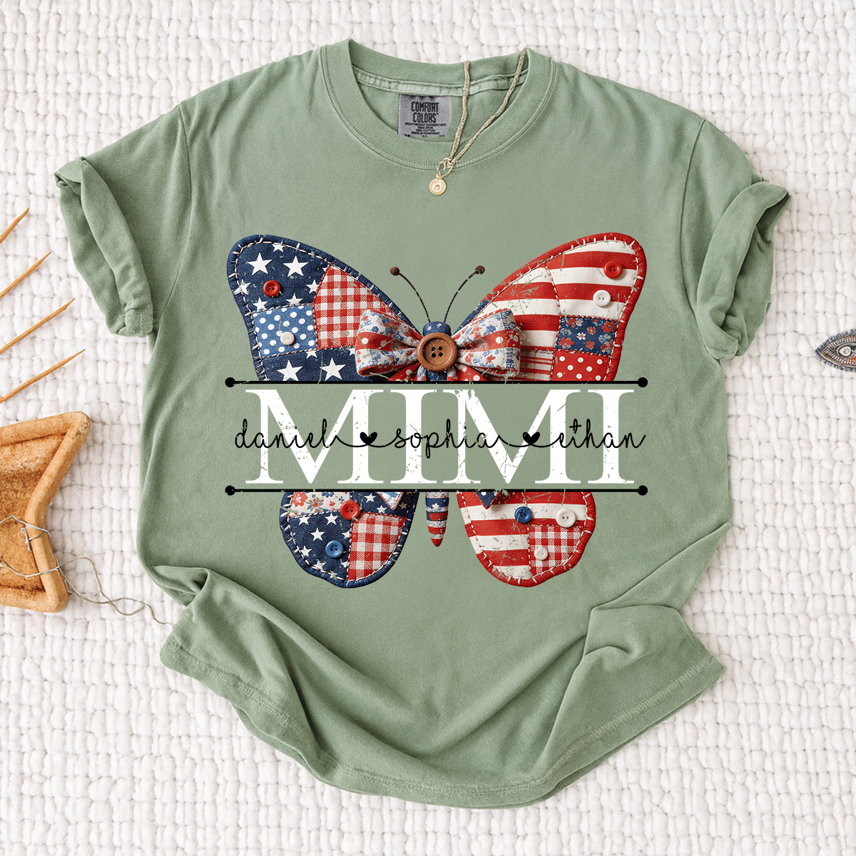 Comfort Mimi Patriotic Shirt, Custom Names with USA Flag and Floral Butterfly Graphic