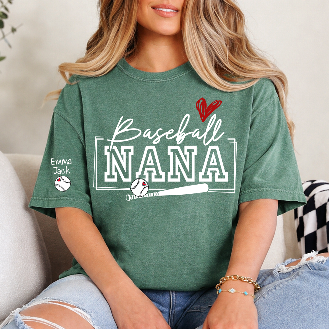 Proud Baseball Nana T Shirt, Personalized Family Sports Shirt with Bat and Heart Design