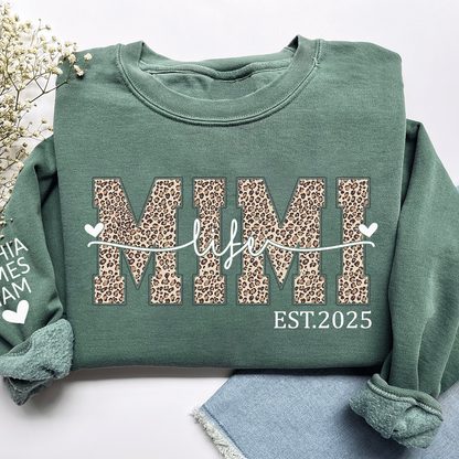Mimi Life Leopard Sweatshirt, Personalized Grandma Est With Grandchildren Names