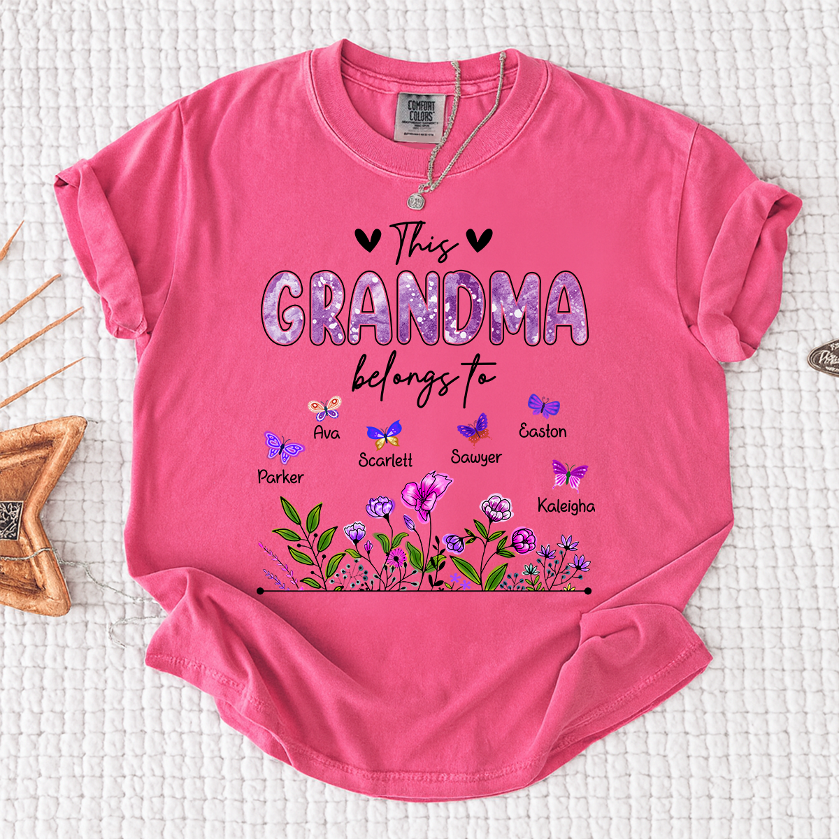 Comfort Colors® This Grandma Belongs To Tee, Custom Grandma Shirt with Grandkids Names, Floral Garden Theme, Meaningful Family Apparel