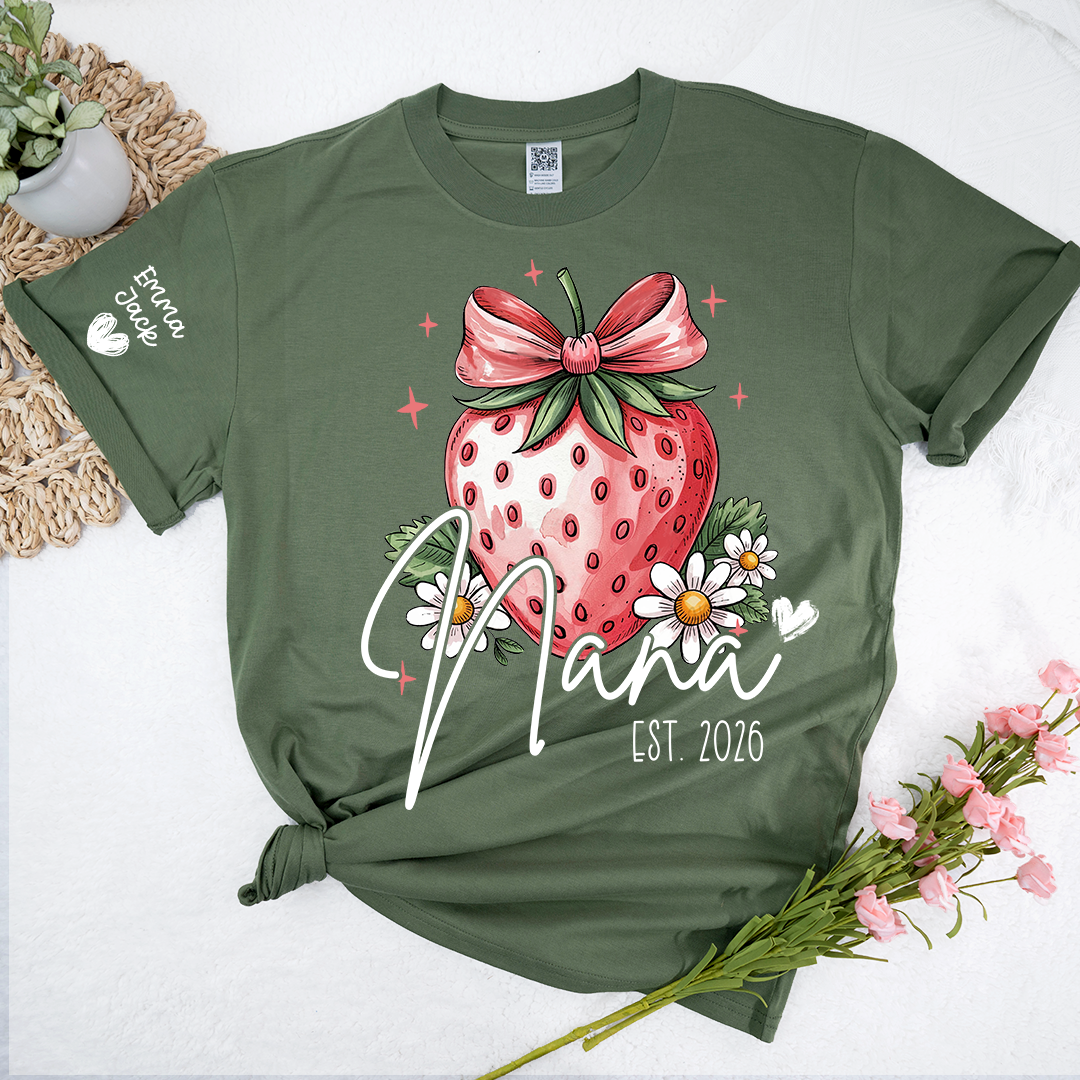 Mimi Strawberry Shirt, Cute Bow Floral Graphic Tee, Personalized Grandma T Shirt, Gift for Mimi from Family