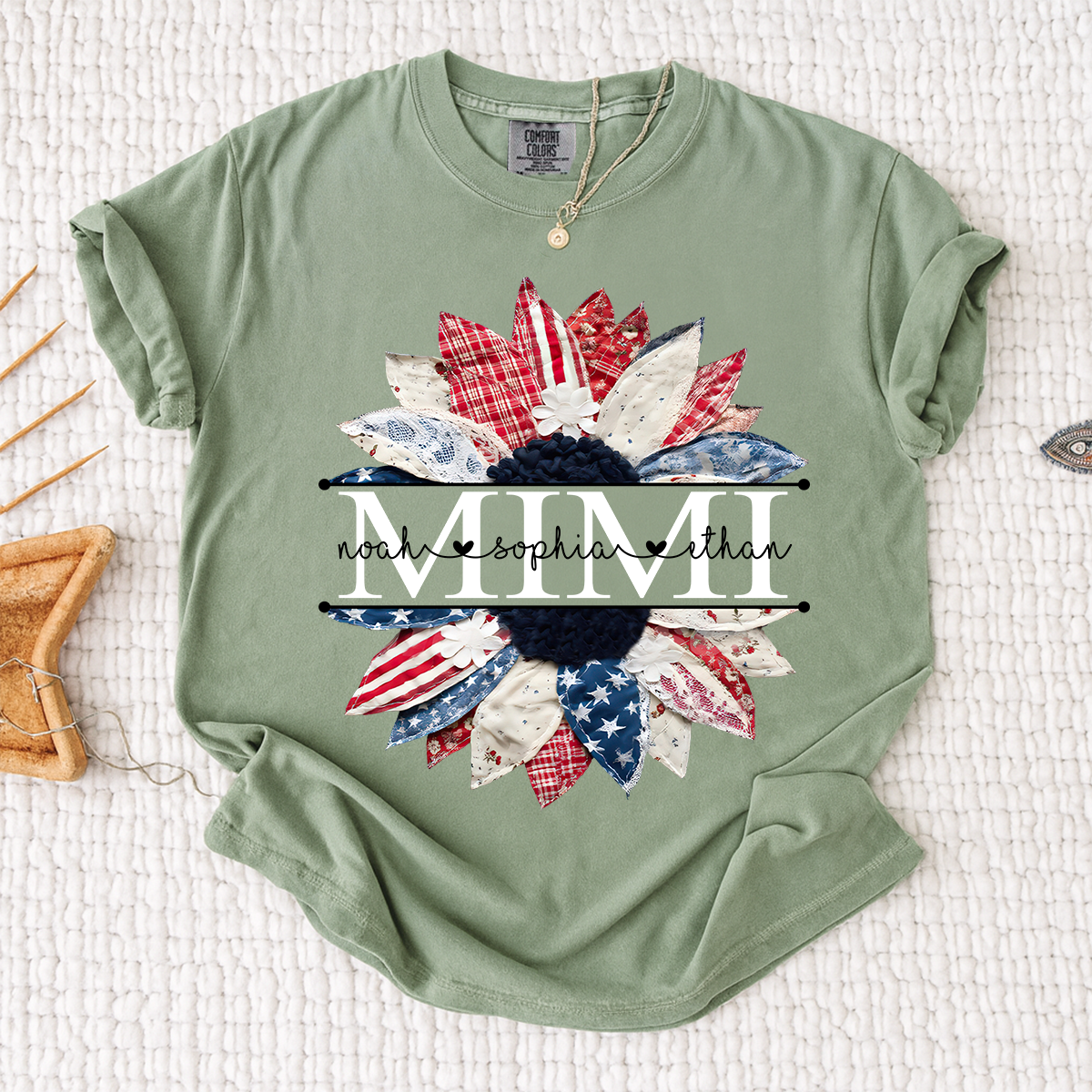 Comfort Colors Mimi Patchwork Floral Shirt with Custom Grandkids Names, Personalized Family Tee