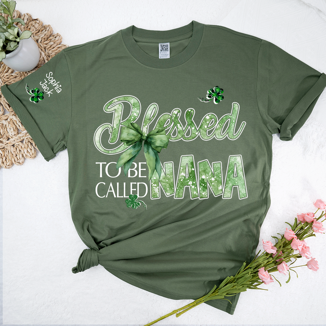 Personalized Nana T-shirt, Blessed to Be Called Nana Patrick's Day Green Clover Bow Design Gift for Grandma
