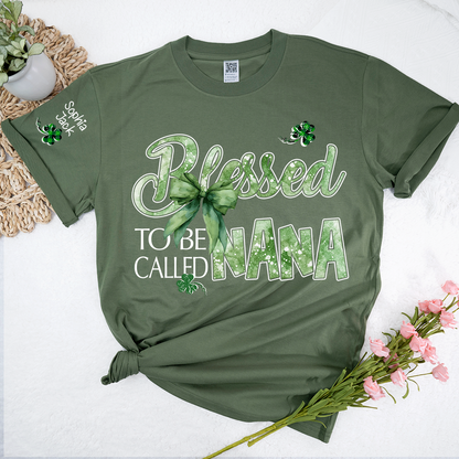 Personalized Nana T-shirt, Blessed to Be Called Nana Patrick's Day Green Clover Bow Design Gift for Grandma