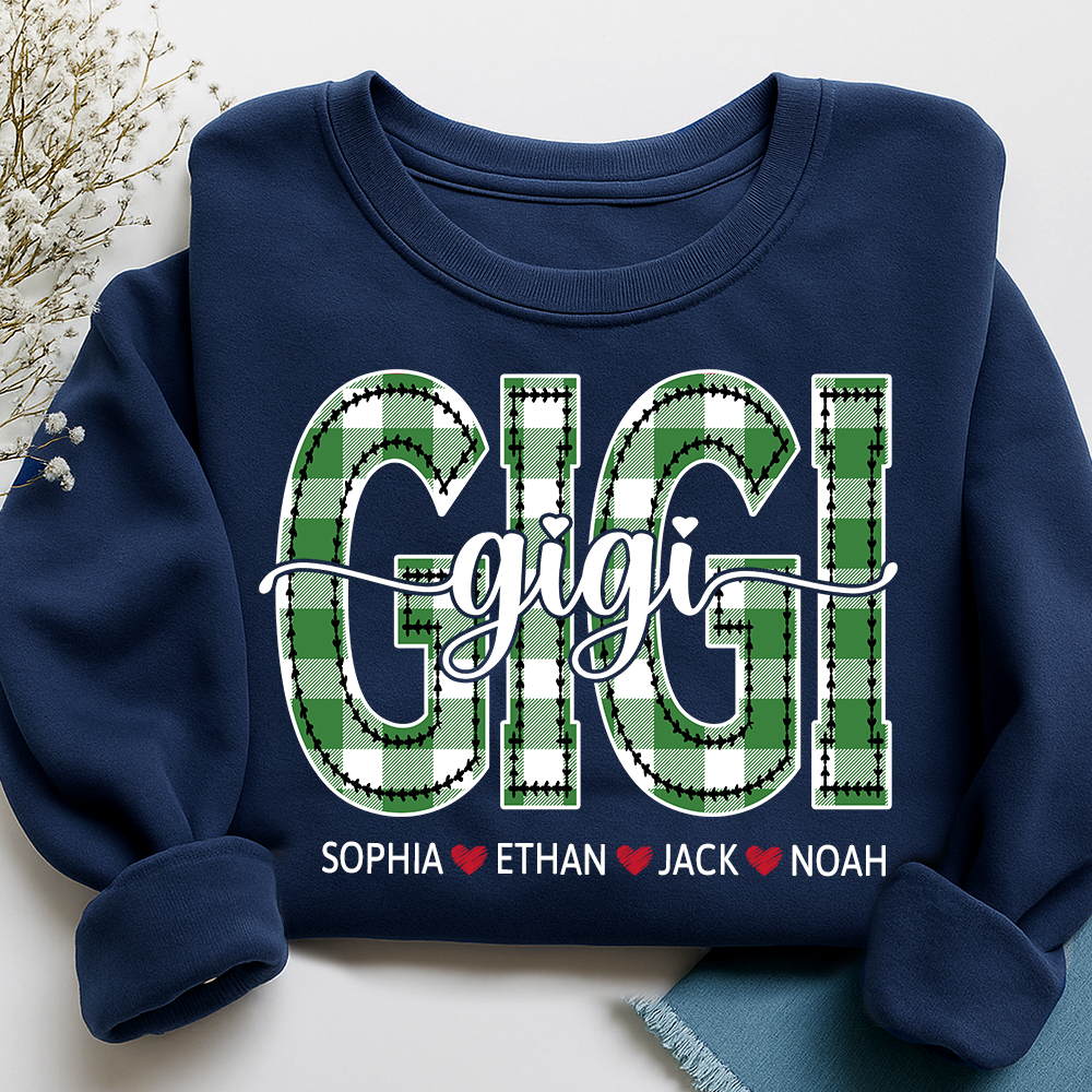 Personalized Gigi Sweatshirt, Custom Green Plaid Letters Shirt with Grandkids Names