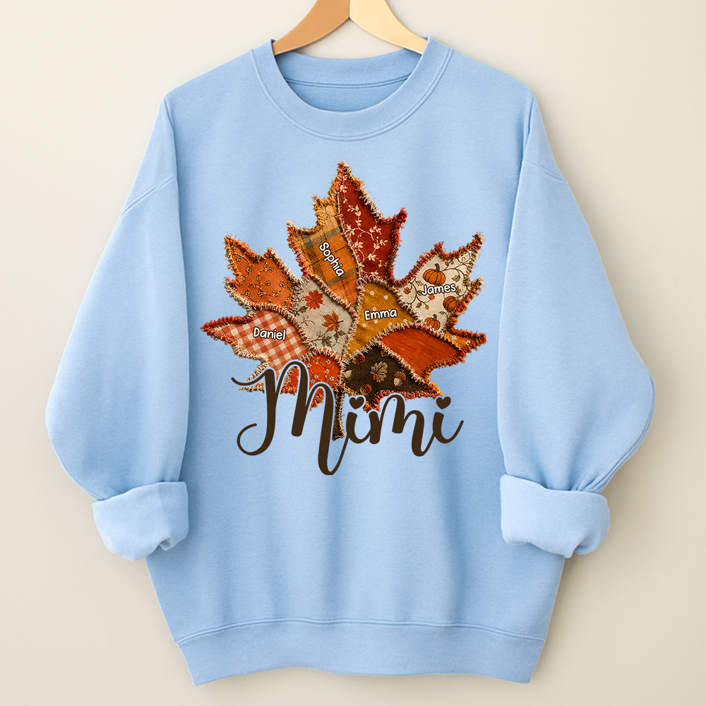 Personalized Mimi Fall Sweatshirt, Custom Grandkids Names Leaf Patchwork Sweatshirt, Autumn Grandma Gift, Cozy Thanksgiving Outfit