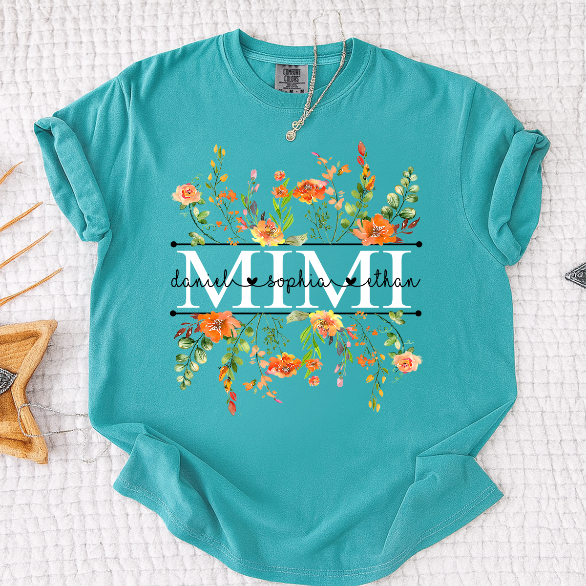 Comfort Colors Custom Mimi T-Shirt with Orange Wildflowers – Personalized Grandmother Gift Featuring Kids Names