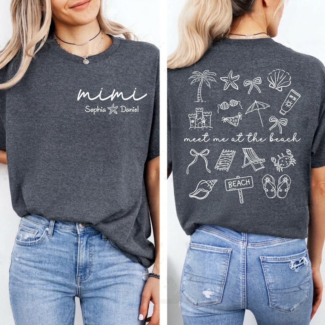 Personalized Mimi Beach Shirt with Grandkids Names, Meet Me at the Beach Back Print Tee, Custom Coastal Summer Gift for Grandma