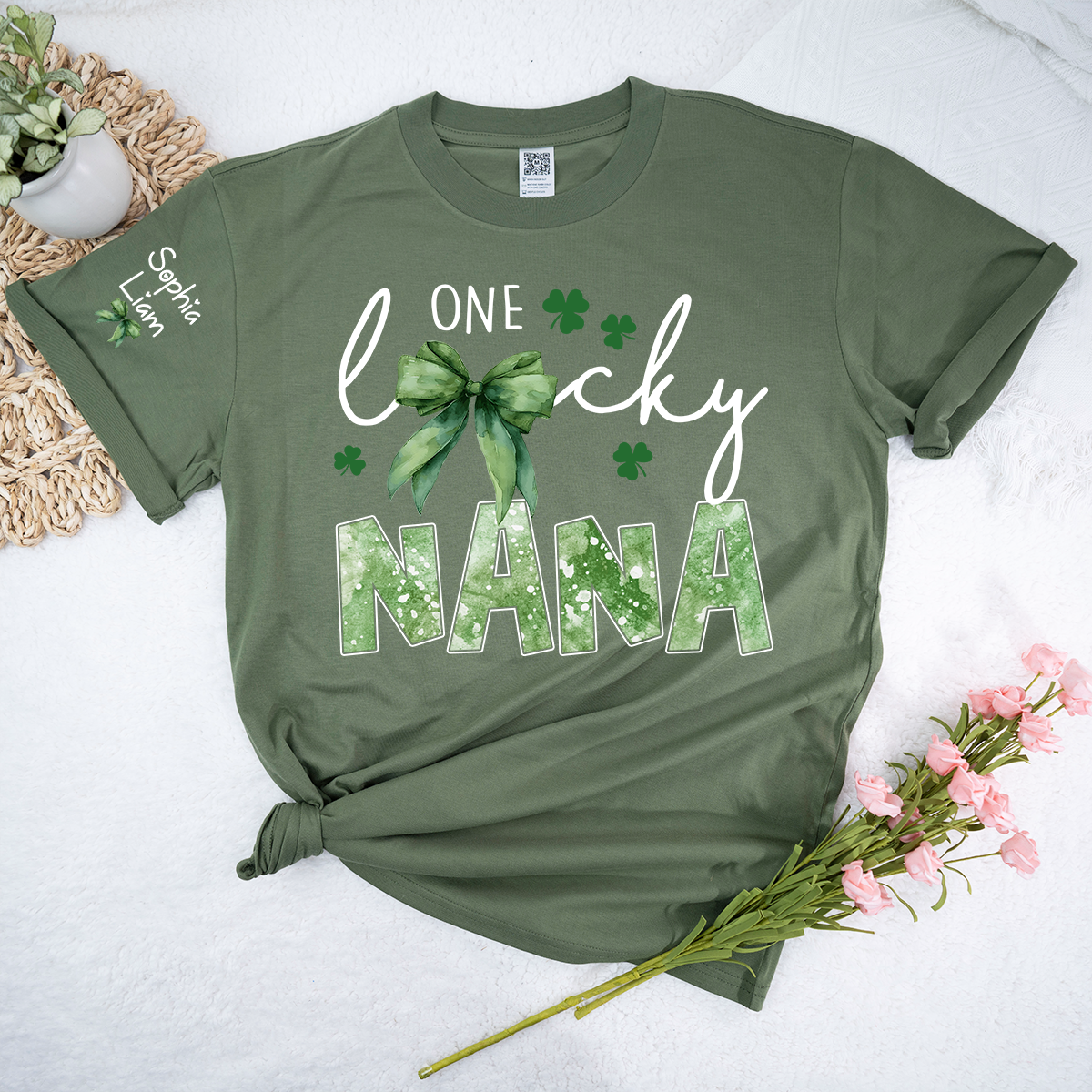 One Lucky Nana Shirt for St Patrick’s Day, Personalized Grandma Shamrock Clover T Shirt with Kids Names