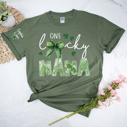 One Lucky Nana Shirt for St Patrick’s Day, Personalized Grandma Shamrock Clover T Shirt with Kids Names