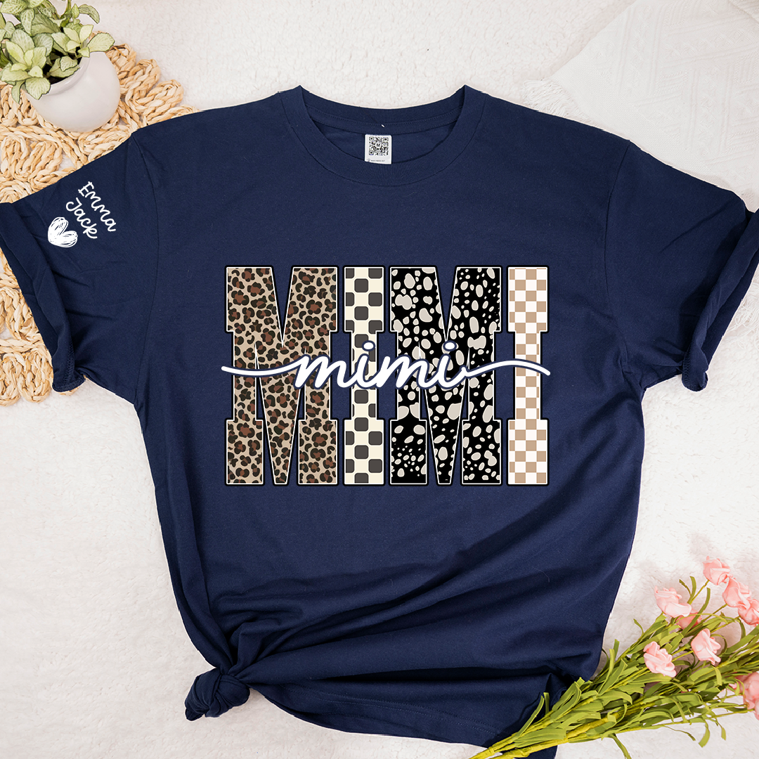 Personalized Mimi Shirt with Grandkids Names, Leopard and Checkered Pattern Family Tee