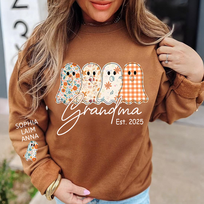 Personalized Fall Ghost sweatshirt, Custom Kids name on sleeve, For Gift Grandma