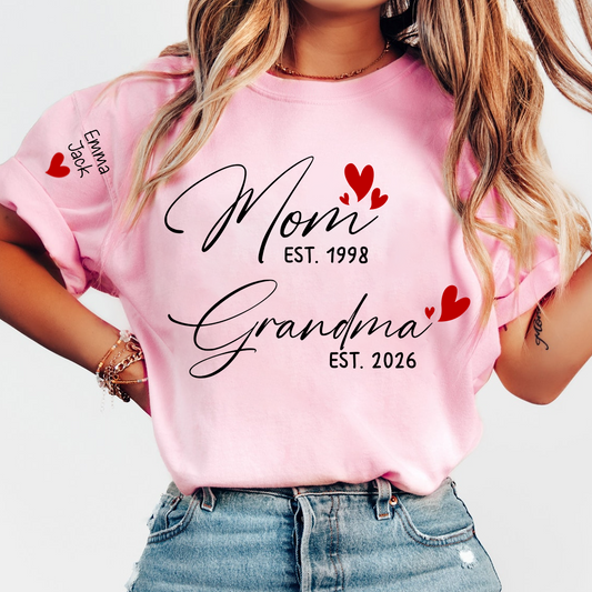 Personalized Mom and Grandma T-Shirt, Custom EST Year T-Shirt with Heart Design for Family