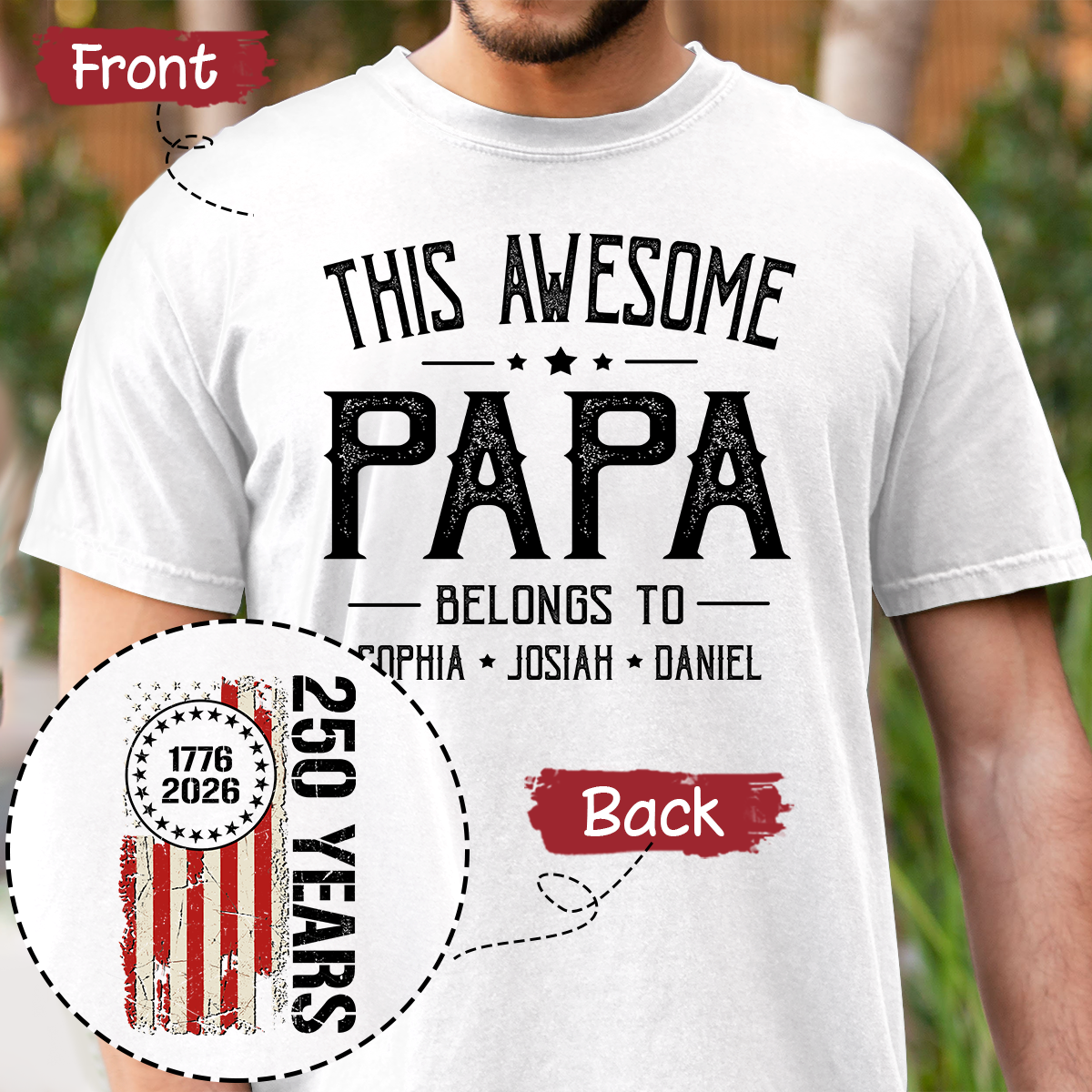 This Awesome Papa Shirt, Personalized Papa Tee with Kids Names, Patriotic 250 Years 1776-2026 Gift for Dad, Family Shirt