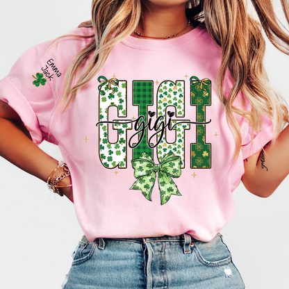 Lucky Gigi St Patrick’s Day T Shirt, Green Clover Bow Design, Gift For Grandma And Grandchildren