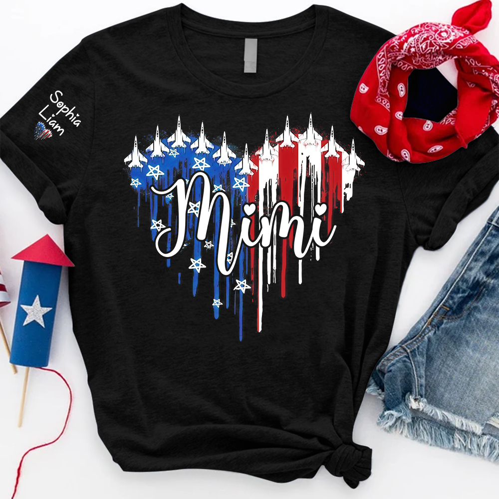 Custom Mimi Shirt with Dripping Flag, Personalized Family Names, American Flag Design, Patriotic Gift for Mimi