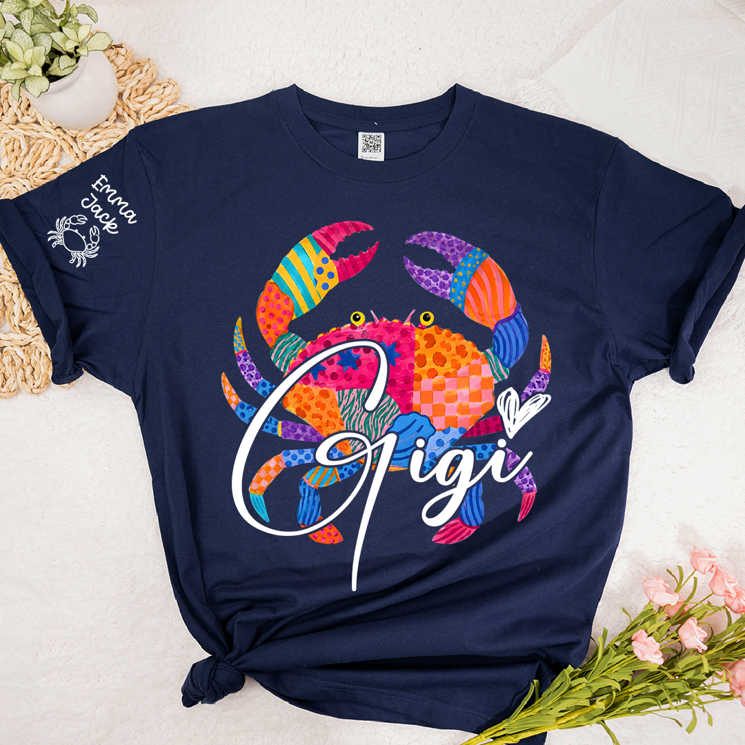 Personalized Coastal Grandma Shirt, Custom Grandkids Names Tee, Colorful Crab Beach Design, Gift for Grandma from Family
