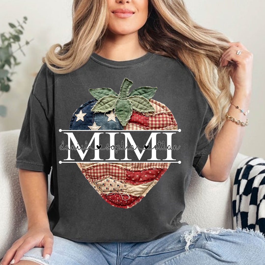Custom 4th of July Mimi Strawberry T-Shirt, Personalized Patriotic Red White Blue Tshirt