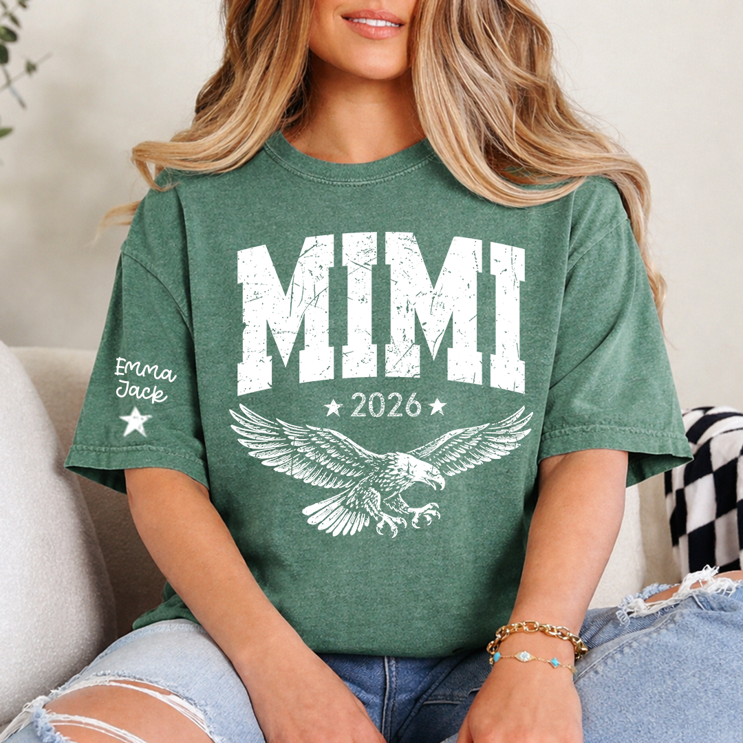 Personalized Grandma T-Shirt, Mimi Est, Custom Names On Sleeve Shirt with Eagle & Custom Names