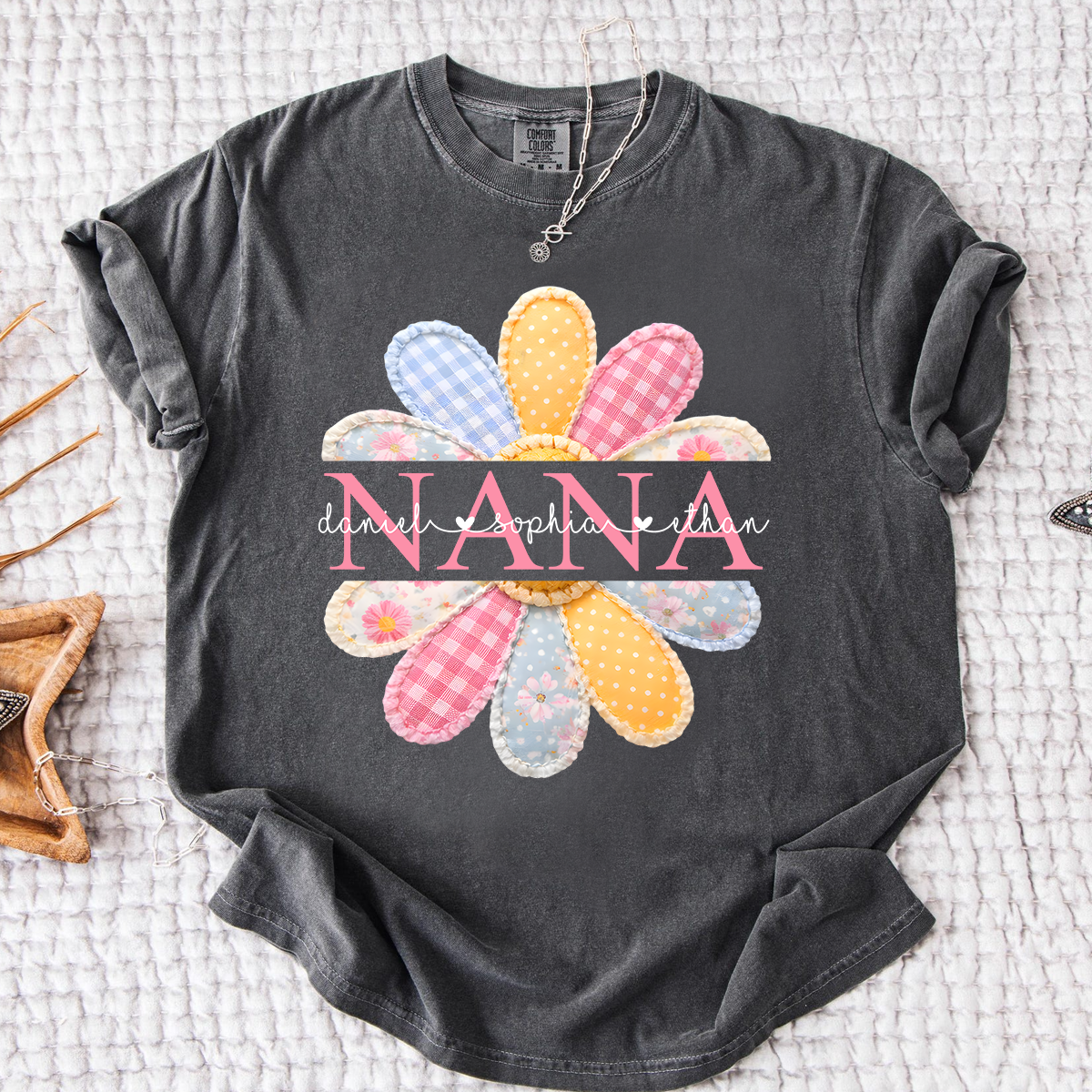 Comfort Colors Personalized Nana Shirt with Colorful Patchwork Daisy – Custom Grandma Gift with Grandkids  Names