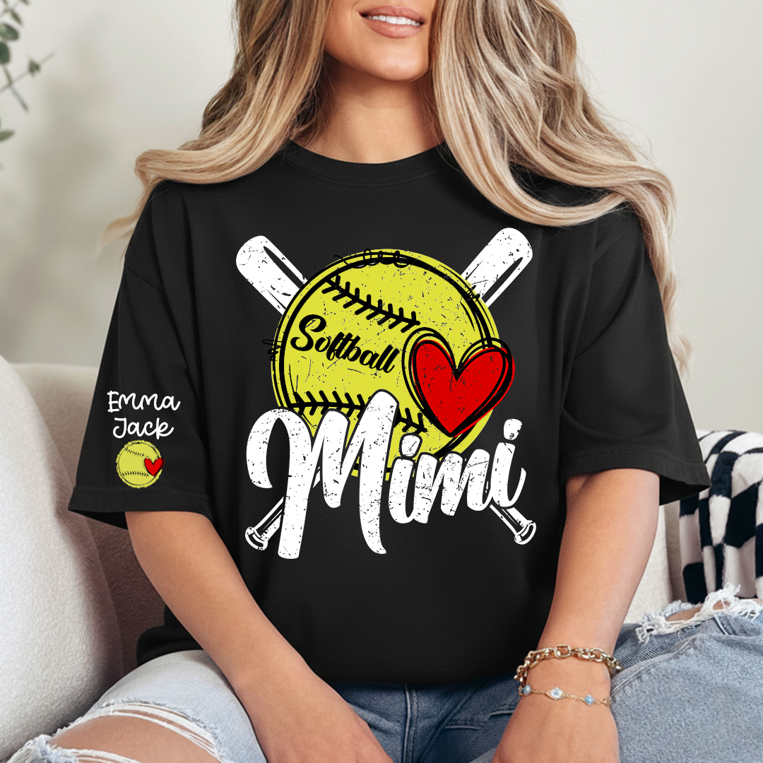 Mimi Softball Shirt with Heart Design, Personalized Family T Shirt with Custom Names