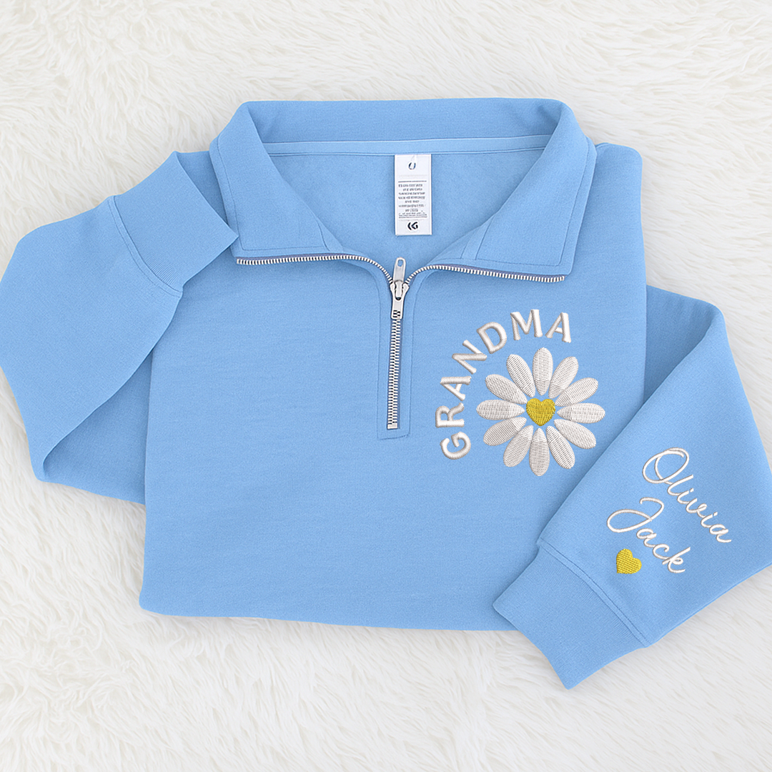Grandma Embroidered Daisy Quarter Zip Sweater – Personalized With Grandchildren Names Gift