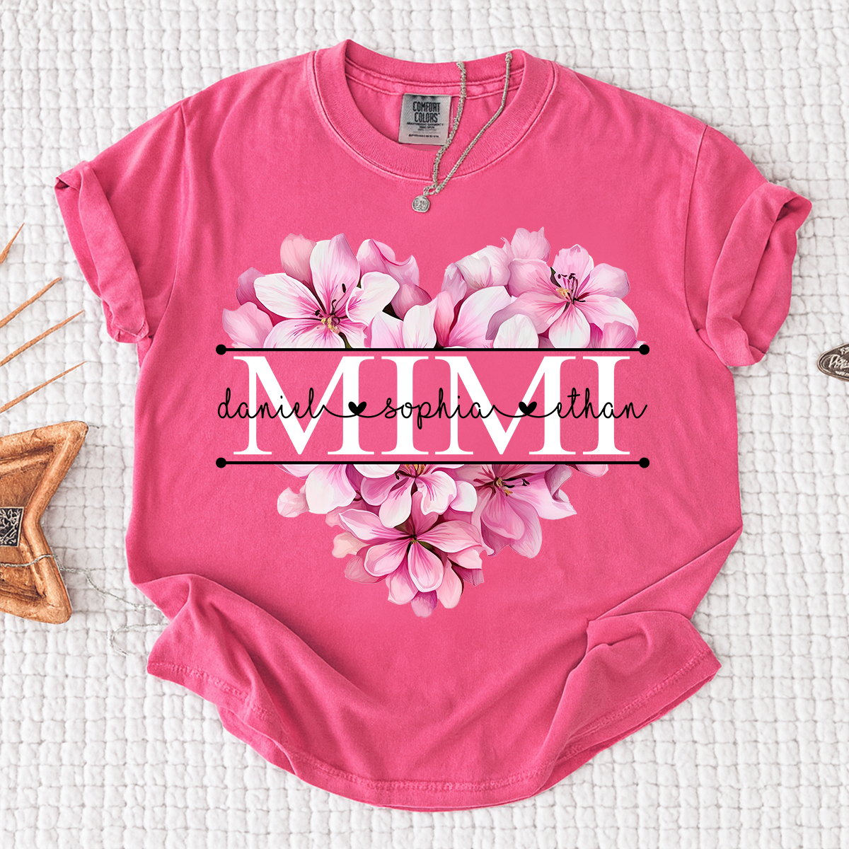 Comfort Colors Pink Floral Heart Design Family Tee, Personalized Mimi Shirt with Custom Names