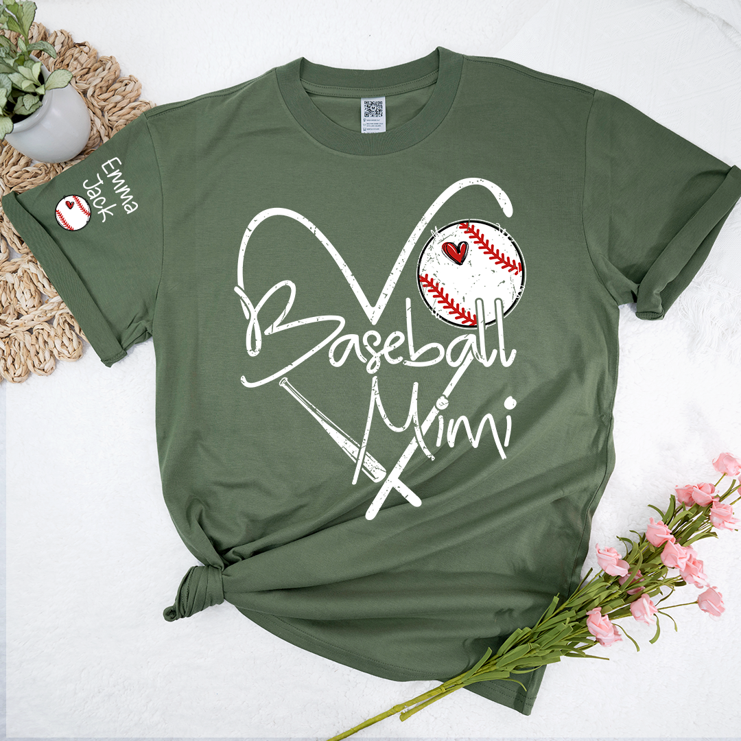 Baseball Mimi Shirt Personalized with Grandkids Names, Heart and Bat Sports Family T Shirt