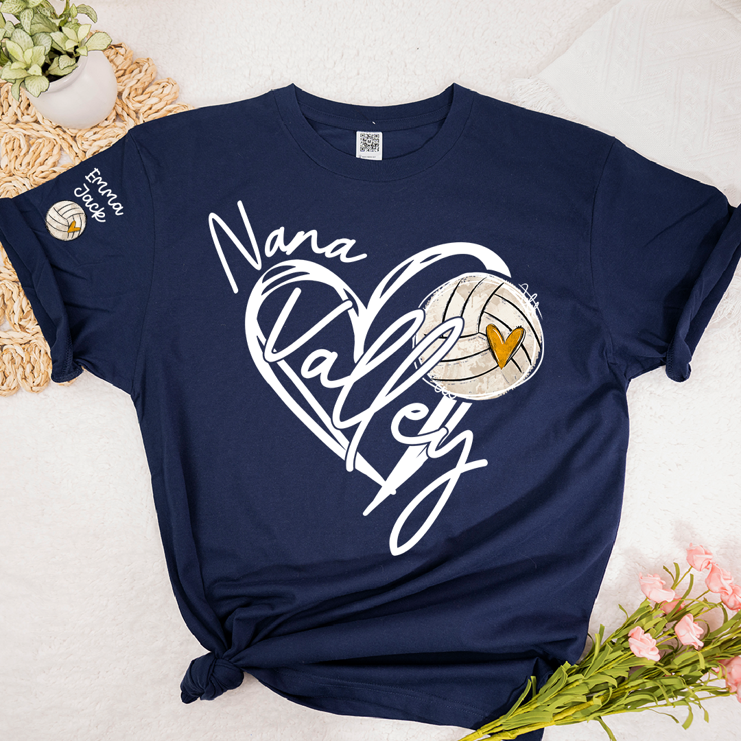Personalized Nana Volleyball T Shirt, Custom Names with Heart and Volleyball Graphic