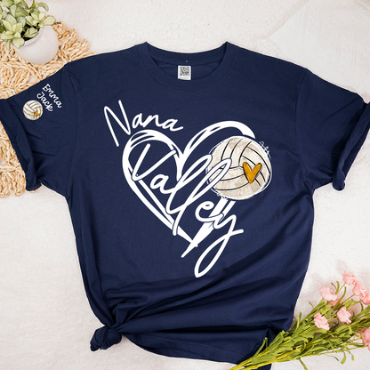 Personalized Nana Volleyball T Shirt, Custom Names with Heart and Volleyball Graphic