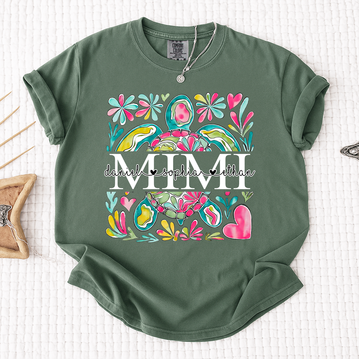 Comfort Colors Personalized Mimi Sea Turtle Shirt, Custom Grandma T Shirt with Grandkids Names, Coastal Family Gift for Mimi Nana Gigi
