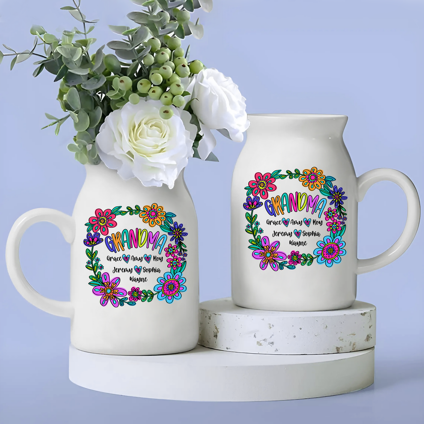 Red And Blue Wildflowers Given To Grandma And Kids - Custom Home Decoration Flower Vase According To Family Requirements - Warm Gift For Mother's Day, Ceramic Flower Vase